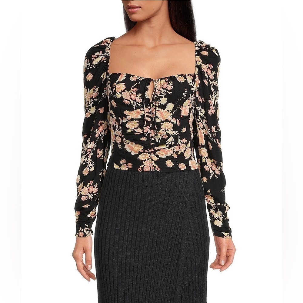 572- Free People NWT Black Floral Long Sleeve Off Shoulder Crop Top. Size Medium